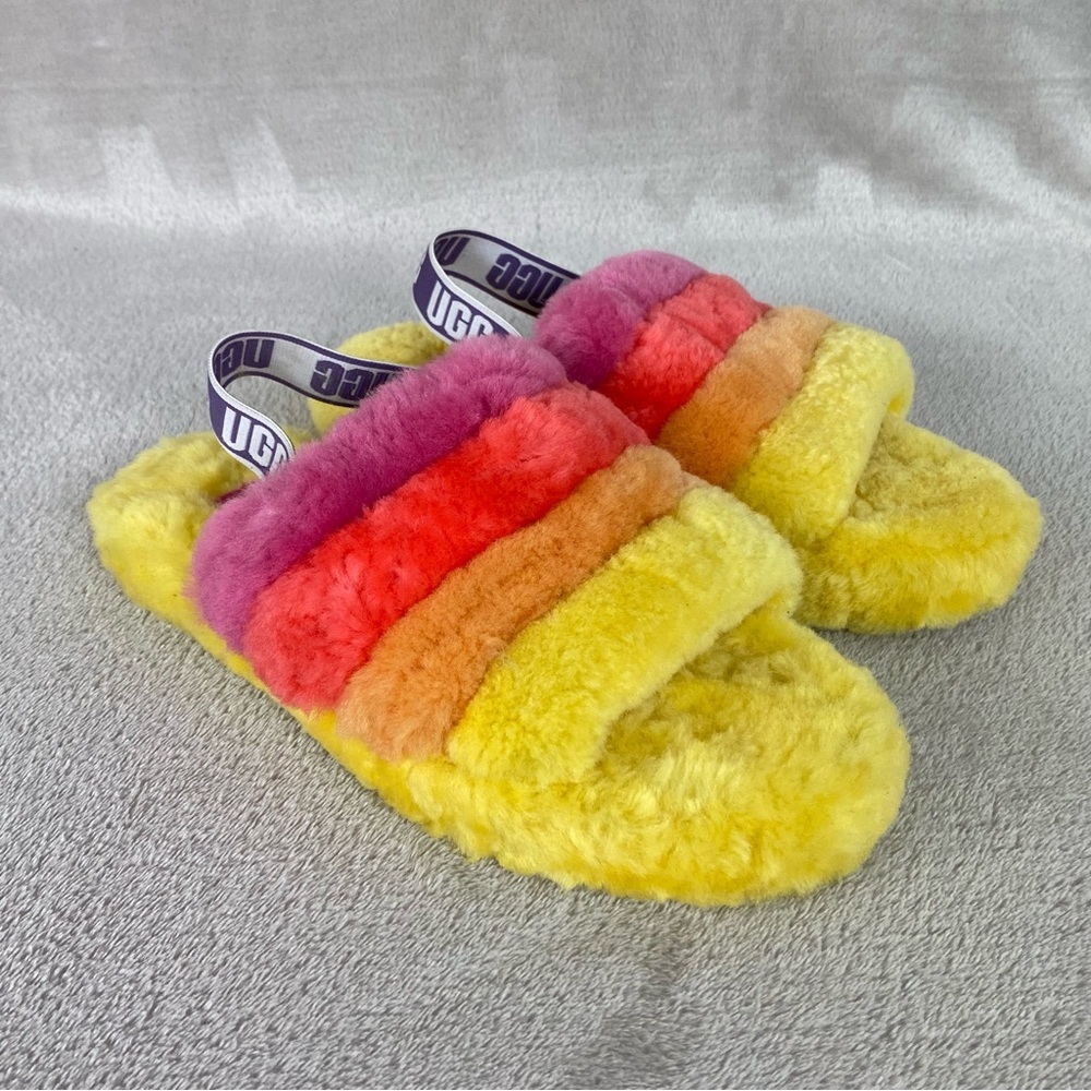 UGG Fluff Yeah Slide Slippers Kids 6 Women 7 Yellow Pink Sheepskin Slingback